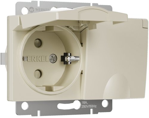 Розетка с заземлением без рамки Werkel 1-м. 2-мод. крышка шторки IP44 слоновая кость глянцевый фото Розетка с заземлением без рамки Werkel 1-м. 2-мод. крышка шторки IP44 слоновая кость глянцевый картинка